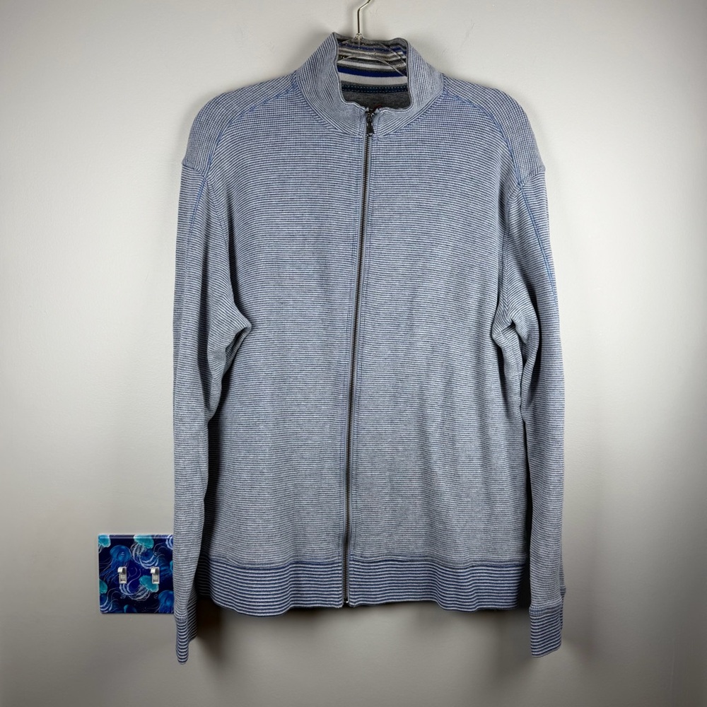 Robert Graham Men XL Blue Long Sleeve Zip Up Cardigan Stripe Preppy Sweater Knit